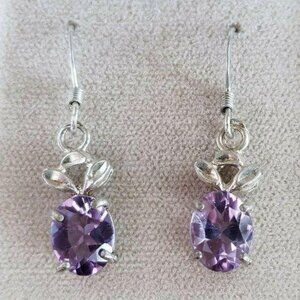 Sterling Silver Amethyst Purple Dangle Earrings  925 Oval Shape Stunning! LH3027